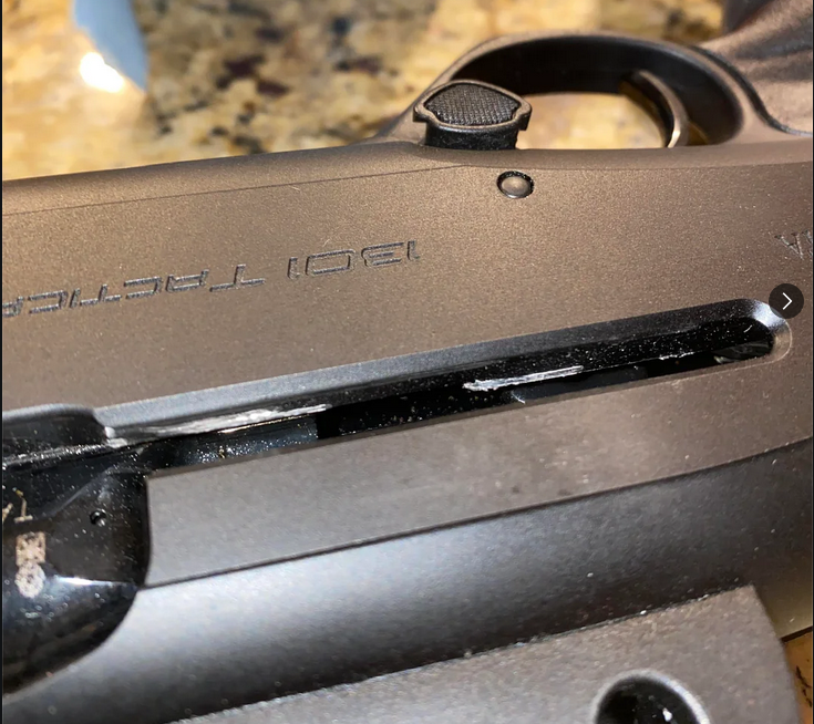 Third-Party Upgraded Charging Handle gouging out the receiver on a Beretta 1301. Source: reddit