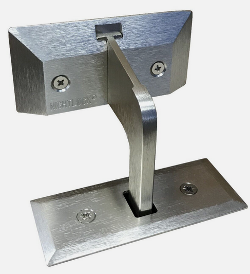 A picture of a chrome residential Nightlock security device on a white background.
