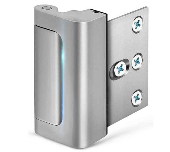 A picture of a chrome colored hinged security lock on a white background.